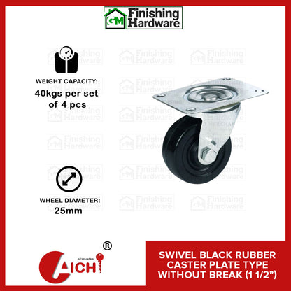 Black Rubber Caster Plate Type without Brake