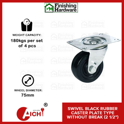 Black Rubber Caster Plate Type without Brake