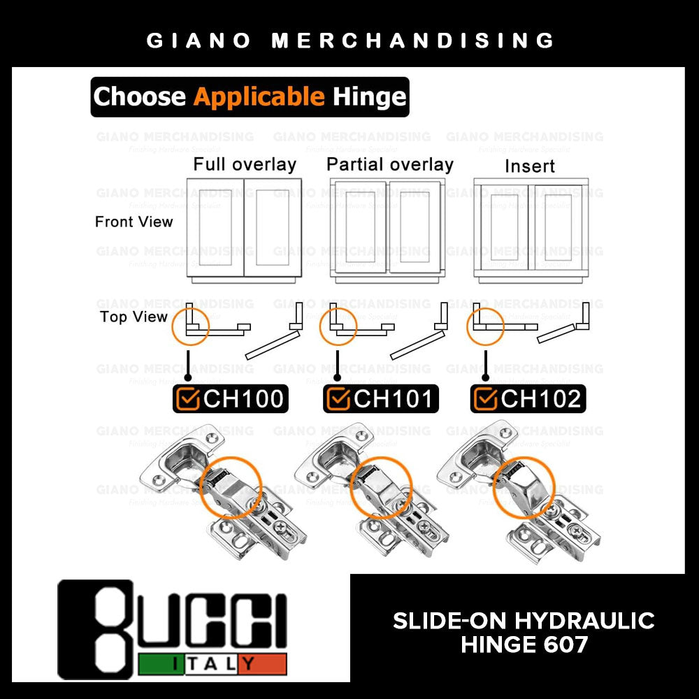 BUCCI Slide-On Hydraulic Concealed Hinge 607 (2pcs/pack)