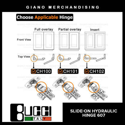 BUCCI Slide-On Hydraulic Concealed Hinge 607 (2pcs/pack)