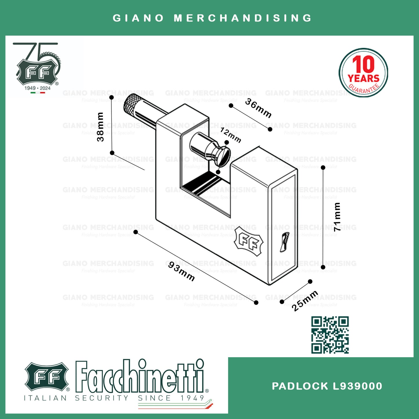 Facchinetti Armoured Padlock w/ 3mm Hardened Steel