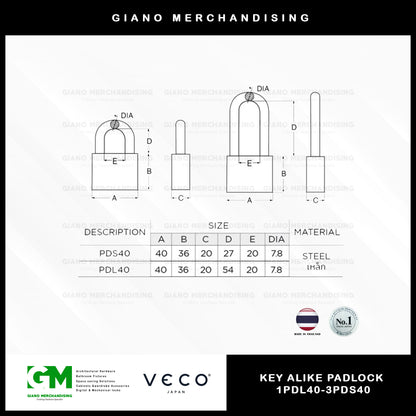 Veco Key Alike Padlock 1PDL40-3PDS40