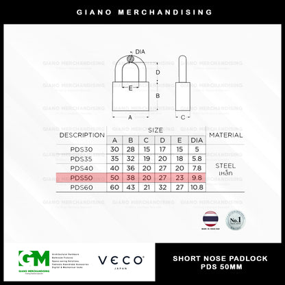 Veco Short Nose Padlock PDS (50MM)